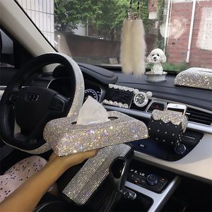 Creatieve Bling Crystal Diamond CAR ORNAMENTEN Decoratie Tissue Box Papier Holder Opslag Interieur Accessoires 220523