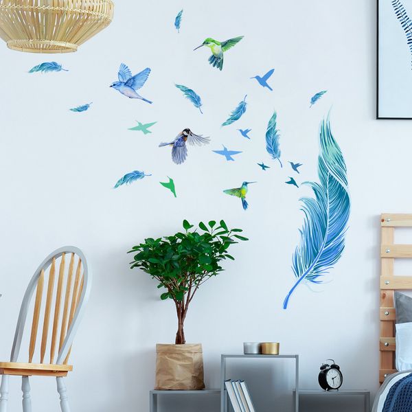 Creative bleu plume oiseau autocollant Mural pour chambre salon décoration de la maison murale auto-adhésif papier peint embellir affiche