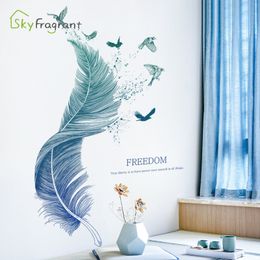 Pegatinas de pared de plumas azules creativas para salas de estar, dormitorio, Fondo, decoración de pared, decoración del hogar, pegatina de vinilo autoadhesiva 220309