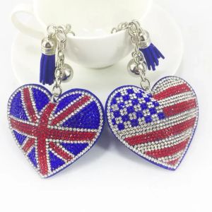 Creatieve Britse en Amerikaanse vlaggenpatroon Key Rings met gevulde strass fashion tas hanger dames bagage car accessoires cadeau