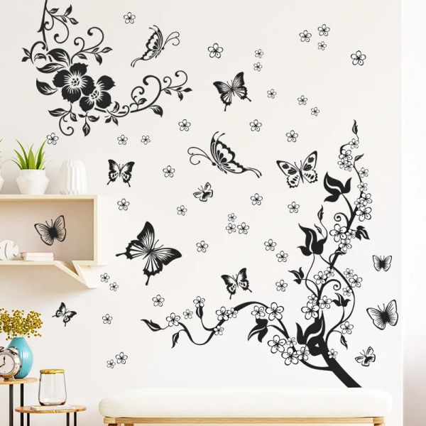 Brancs de fleur de papillon créatif décoratifs en vinyle autocollants muraux décorations murales de salon