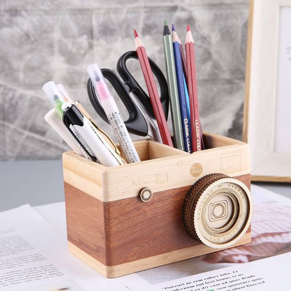 Modèle de caméra créatif en bois de crayon en bois support de support de support de bureau de rangement de bureau