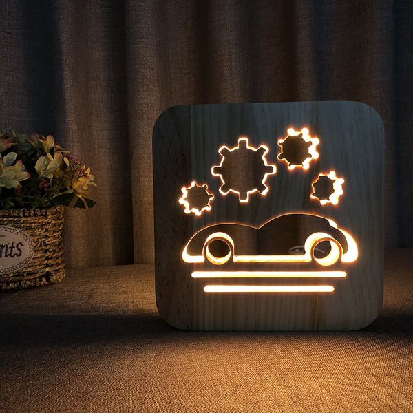 Creative voiture forme lampe en bois évidé bois voiture veilleuse blanc chaud usb fournir lampe de bureau en bois