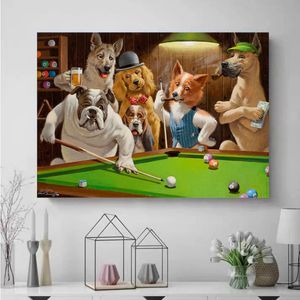 Creatieve cartoon Animal Dog spelen biljart canvas schilderen Posters print Wall Art Picture voor woonkamer Home Decor Cuadros
