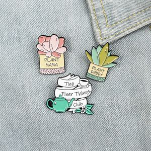 Dessin animé créatif mignon personnage plantes émail broches rose vert théière papa maman Cactus broches cadeau pour ami épinglettes vêtements sac