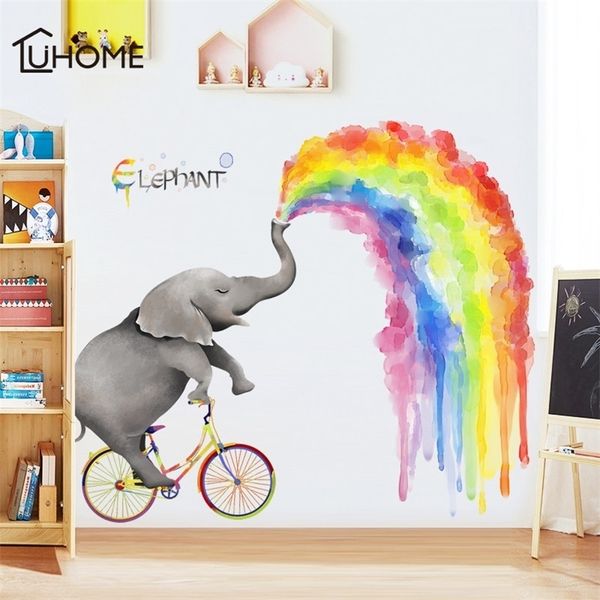 Creative Cartoon Elephant Rainbow Peinture Stickers muraux pour chambre d'enfant Chambre d'enfant Chambre Décoration Grand Papier peint T200601