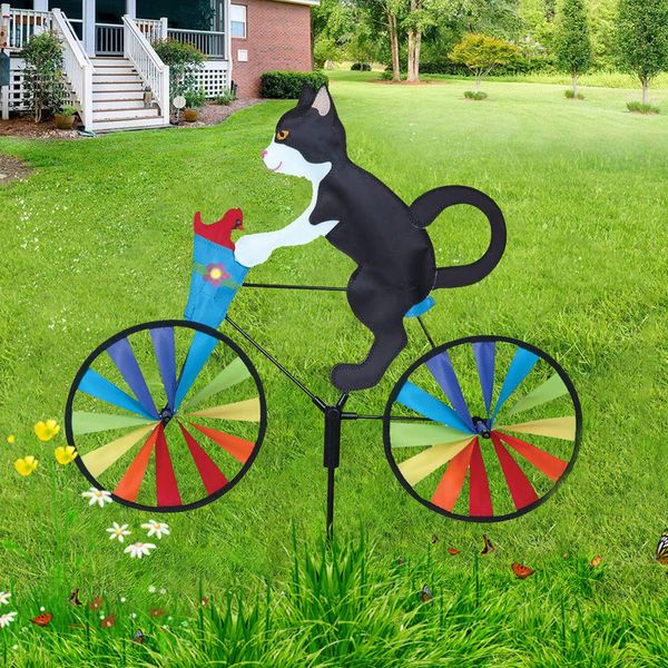 Creative Cat Bicicleta Wind Spinners Gatito Poste de pie Jardín Patio Césped Decoración Verde ing 220721