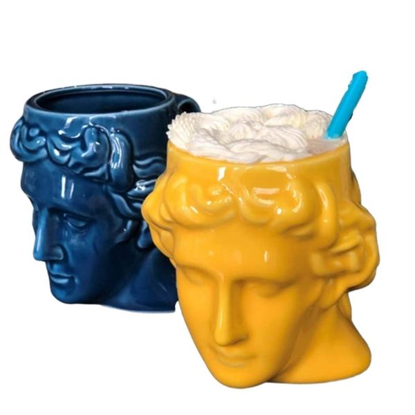 Taza de café con leche de cerámica creativa de España, taza con cabeza de Apolo griego antiguo, escultura romana, taza de agua David 201029256C