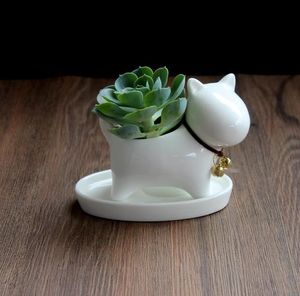 Maceta de cerámica para suculentas con orificio de drenaje en forma de perro, cachorro blanco, pequeño escritorio, decoración decorativa para el hogar y el jardín