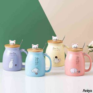 Céramique créative tasse de chat avec couvercle et cuillère, élégante tasse de colis, tasses à thé au lait tauge de thé Petit-déjeuner Cadeaux Caisses Tasse G1126
