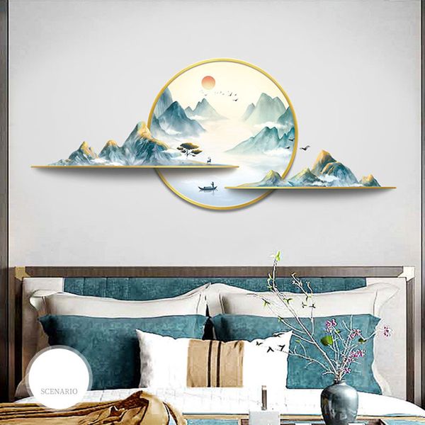 Pegatinas de arte de pared de estilo chino creativo, pintura decorativa, papel tapiz, Fondo de sala de estar, paisaje de montaña, calcomanías de paisaje