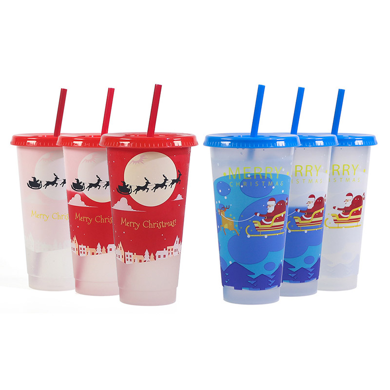 Creatieve kerstdrinkware koude kleurveranderende plastic bekers kerstdecoratie sap cup met deksel en rietje