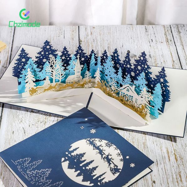 Carte de voeux créative de forêt de Noël Cartes faites à la main en 3D pour la décoration de fête d'anniversaire de Noël Année Cadeaux de festival Carte postale 240122