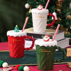 Creatieve kerstmok Kerstboom keramische watermok Hoogwaardige horizontale keramische beker met bedekt rietje met handcadeau
