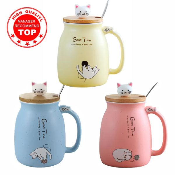 Creative couleur chat résistant à la chaleur tasse dessin animé avec couvercle 450 ml tasse chaton café tasses en céramique enfants tasse bureau Drinkware cadeau 201029