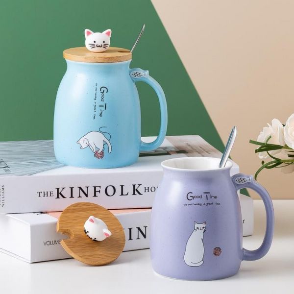 Couleur créative Cat Carton résistant à la chaleur avec couvercle 450 ml de chaton Café Ceramic Mugs Children Cup Office Drinkware Gift SS1223