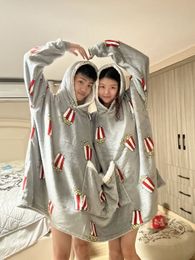 Couple créatif deux pyjamas une pièce automne et hiver avec capuche en polaire sweat à capuche à deux têtes pop-corn ensemble de vêtements de maison couverture pour adulte épais pieds lourds nonopnd