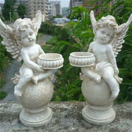 Creatief Cupid Flower Fairy Resin Angel Candlestick Gardening Ornament Decor Yard Courtyard Sculpture Standing Bloempot Mooi Y200106