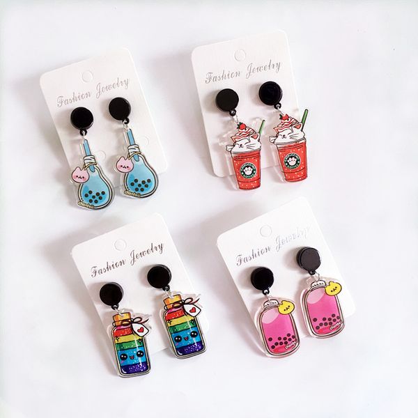 Creative mignon dessin animé chat bulle thé balancent boucle d'oreille belle acrylique boissons gazeuses boucles d'oreilles cadeau de noël enfants lustre en gros