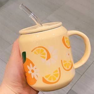 Creative mignon fruits tasse en céramique avec couvercle paille fraise Orange tasse eau lait thé jus bouteille porcelaine café Drinkware 240115