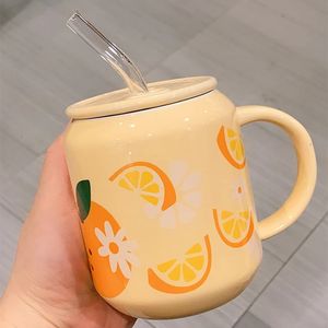 Creatieve Leuke Fruit Keramische Mok Met Deksel Stro Aardbei Oranje Kopje Water Melk Thee Sap Fles Porselein Koffie Drinkware 240115