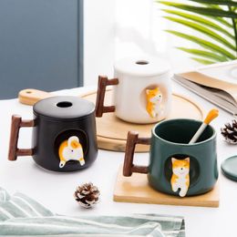 Tasse Shiba Inu créative et mignonne faite à la main avec couvercle, cuillère en céramique pour chien, tasse personnalisée pour café, thé, vaisselle de cuisine, cadeau d'amour L263I