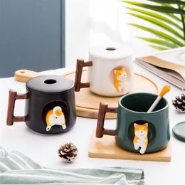 Tasse Shiba Inu créative et mignonne faite à la main avec couvercle, cuillère en céramique pour chien, tasse personnalisée pour café, thé, vaisselle de cuisine, cadeau d'amour L270a