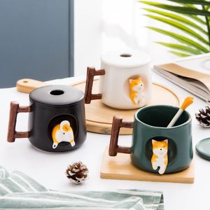 Creatieve schattige handgemaakte shiba inu mok met deksel lepel keramische hondenmokken gepersonaliseerde beker voor koffie thee keuken servies love cadeau l0309 283p