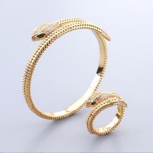 Creatief ontwerp van Europese en Amerikaanse stijl Snake Bone Full Diamond Green Eye Bracelet Ring Set voor Dames Temperament Designer Sieraden