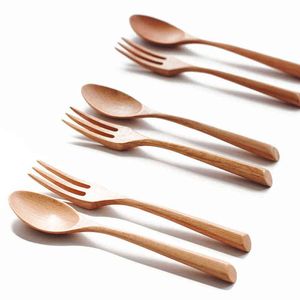 Creatief ontwerp Dikke Handgreep Wood Spoon Fork Portable servies HOUTEN SCHUKTE SETREKEN TRIVEN DINING VAN DE MILIEU MIVEAU KEIKENTE TROOL Y220530