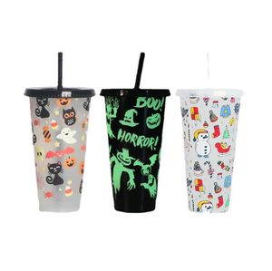 Verres créatifs à couleurs froides, gobelets en plastique à couleurs changeantes, décoration d'halloween, tasse à jus avec couvercle et paille, cadeaux de noël SN4998