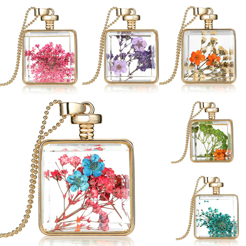 Kreative Trockenblumen-Halskette, quadratische Kristall-Anhänger-Halskette, Damenmode-Accessoires