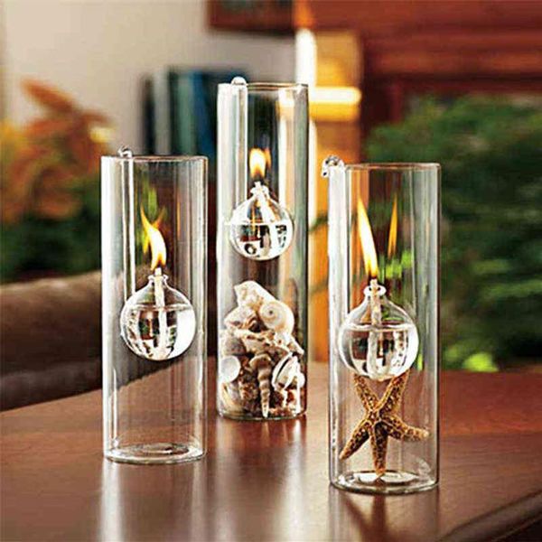 Lampe à huile cylindrique en verre transparent, fabrication européenne créative, cadeau de décoration de mariage au lieu d'un bougeoir pour la maison H2204283Z