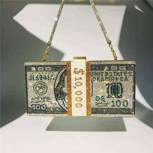 Creative Fashion New Money Clutch Rhinestone Purse 10000 Dollars Stack Bags of Cash Soirée Sacs à main Épaule Mariage Dîner Sac X220331