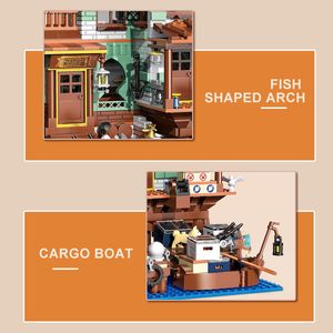 Creative Fisherman's Cabin Wharf Model Bouwstenen Street View Old Fishing Shop Village Hut met figuren Mini Bricks Kid speelgoed