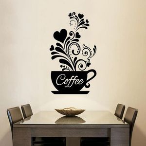 Autocollant mural créatif de tasse de café de vigne de fleur pour des décalcomanies de décoration de café Restaurant papier peint autocollants de cuisine sculptés à la main