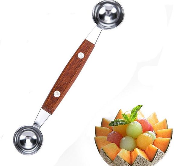 Fruta creativa tallada doble cabeza sandía Baller helado cavar bola cuchara melón cuchara con mango de madera al por mayor