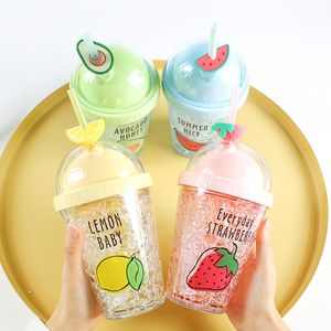 Tasse créative de particules de glace de fruits, bouteille d'eau pour enfants, Type de paille mignon avec couvercle en plastique, pichet à Double paroi de 380ml