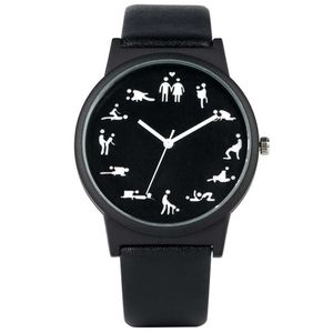 Reloj de cuarzo creativo y divertido para hombre, relojes de cuarzo con esfera negra, reloj de pulsera cómodo con correa de cuero negro para hombre H1012