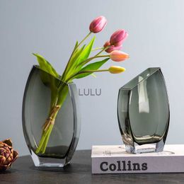 Creatieve geometrische schuine mond vierkant transparant glazen vaas Nordic Light luxe zachte decoratie bloemstuk HKD230823