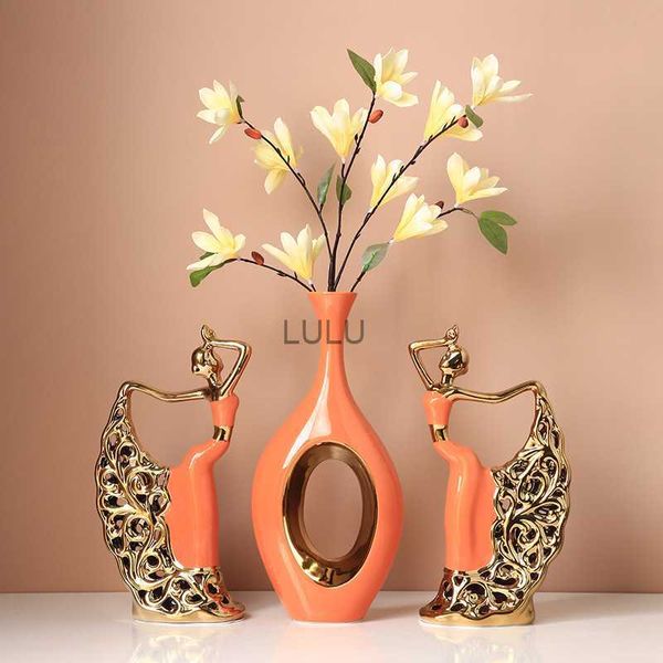 Creative doré Orange creux Vase en céramique danse fille Sculpture artisanat porcelaine fleur Vase fleur Arrangement Art décoration HKD230823