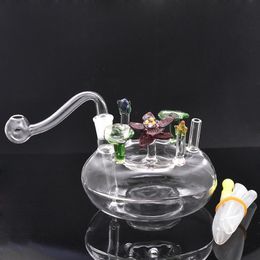 Brûleur à mazout en verre créatif Bong Narguilé Rose Forme Ash Catcher Recycler Pipe à eau avec pot à huile en verre mâle de 10 mm et tube en silicone