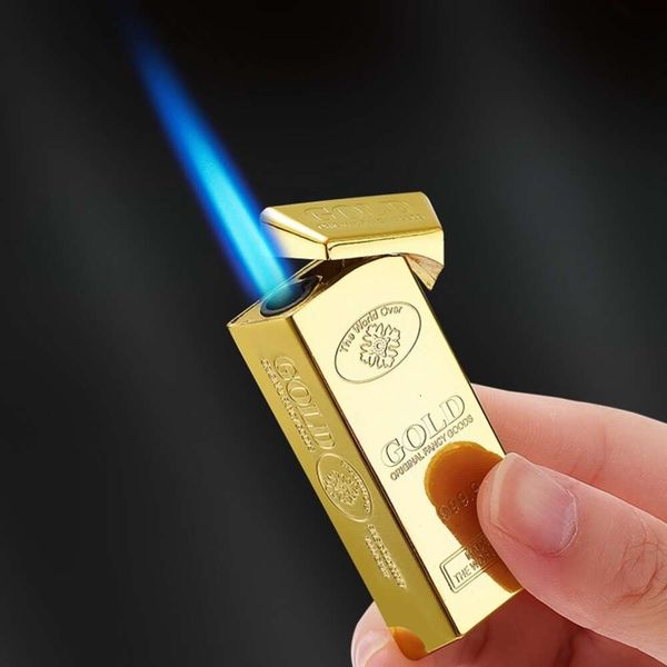 Inyección de oro de ladrillo de oro creativo Inyección directa Azul Llama más ligero Metal a prueba de viento Gas sin relleno Encendedor al por mayor