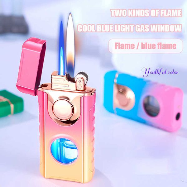 Créatif dégradé couleur Double feu allume Transparent Visible gaz fenêtre LED lumière bleue deux voies flamme homme cadeau E3AL