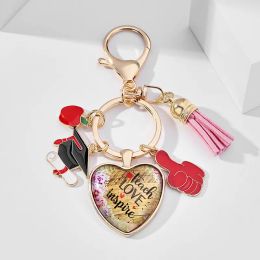 Creatief afstudeerseizoen Keychains hanger Gift Time Glass Round Peach Heart Legering Keychain Bag Hangende sieraden