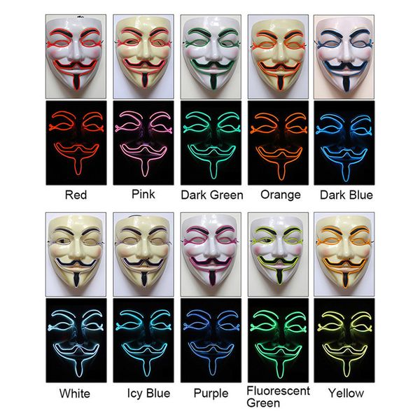 Masque d'Halloween créatif LED allume des masques drôles Vendetta masque de fil clignotant Costume de Cosplay masque anonyme pour briller dans l'obscurité