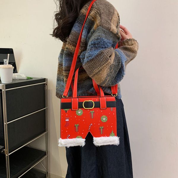 Bolsos creativos Bolso de mujer Bolso bandolera de un hombro minoritario original de moda Bolso de mano con sentido avanzado Monedero lindo Gril Estampado de felpa rojo navideño