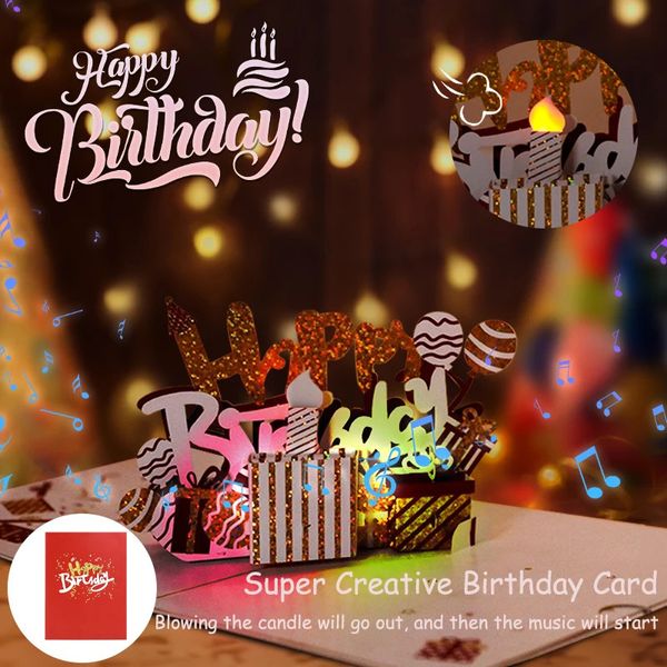 Tarjeta de felicitación creativa de feliz cumpleaños para marido esposa Kid Light Music Light 3d Birthday Cake Pop-Up Blowing Candle Birthday Card 240323