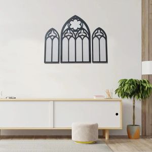 Miroir de maison créatif 3 pièces, miroir de fenêtre de cathédrale gothique, miroir décoratif en arc mural en bois noir 240127