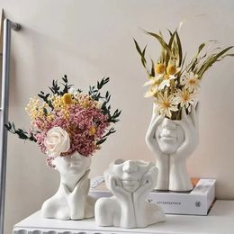 Creative humain abstrait tête plante fleur pot luxe intérieur nordique art céramique vase rangement artisanat sculpture maison décor moderne 240425